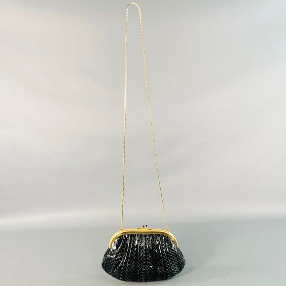 Vintage Black Gold Tone Snakeskin Leather Kiss Lock Evening Handbag - Picture 5 of 10
